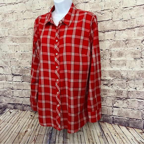 Talbots Red Check Button Front Long Sleeve Shirt - Picture 3 of 8